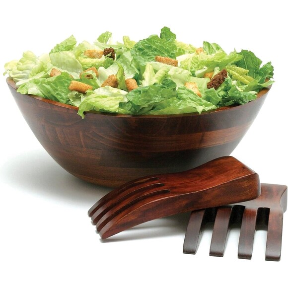 7 Piece Salad Set Cherrywood Large Wavy Salad Bowl with Servers 4 Indiv Bowls - Picture 3 of 14